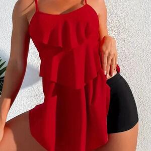 Elegant Ruffle Red & Black Stretchy 2 Piece Set Tankini